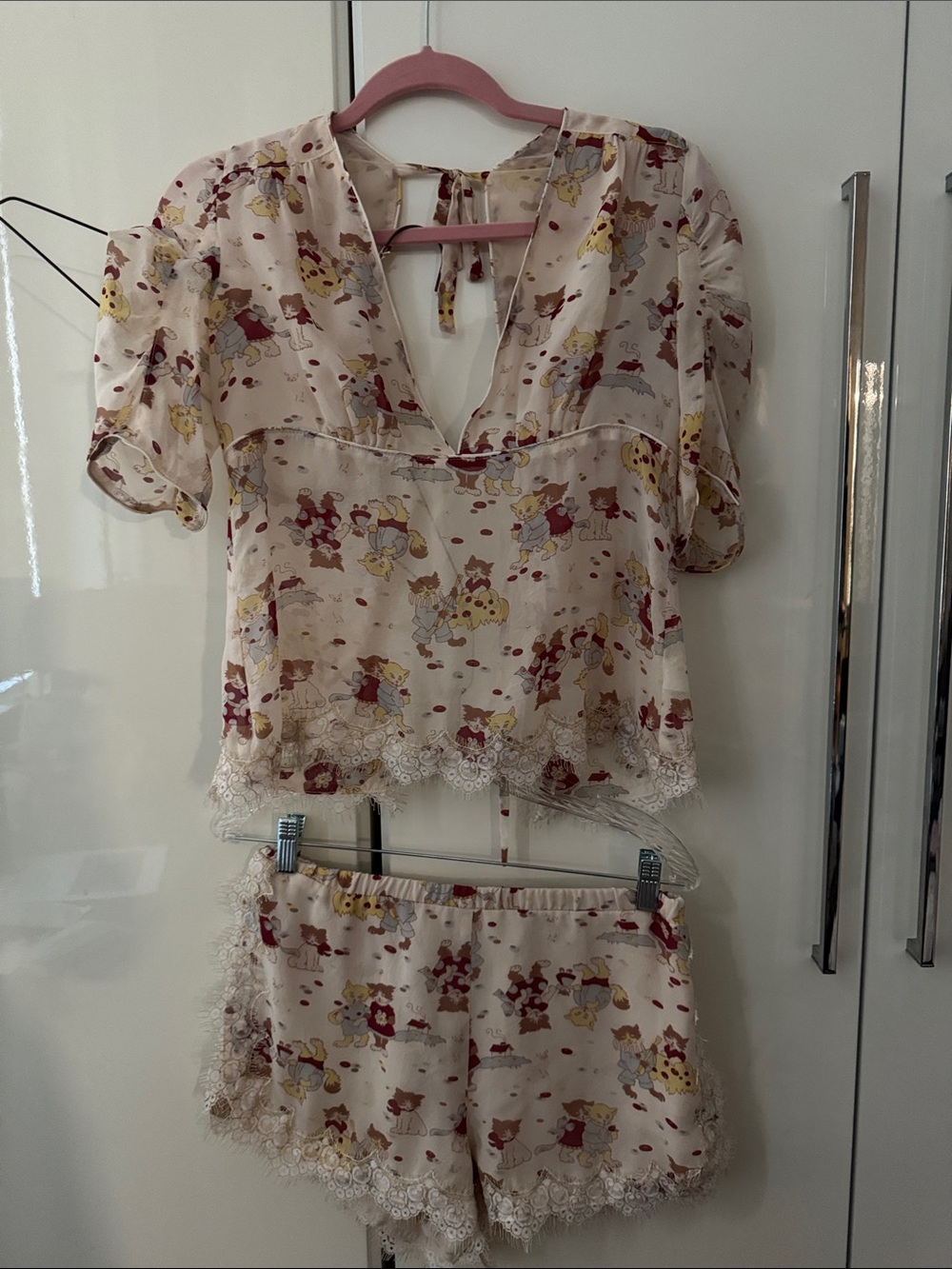 Anna Sui 100% silk blouse and shorts set, floral and cats print